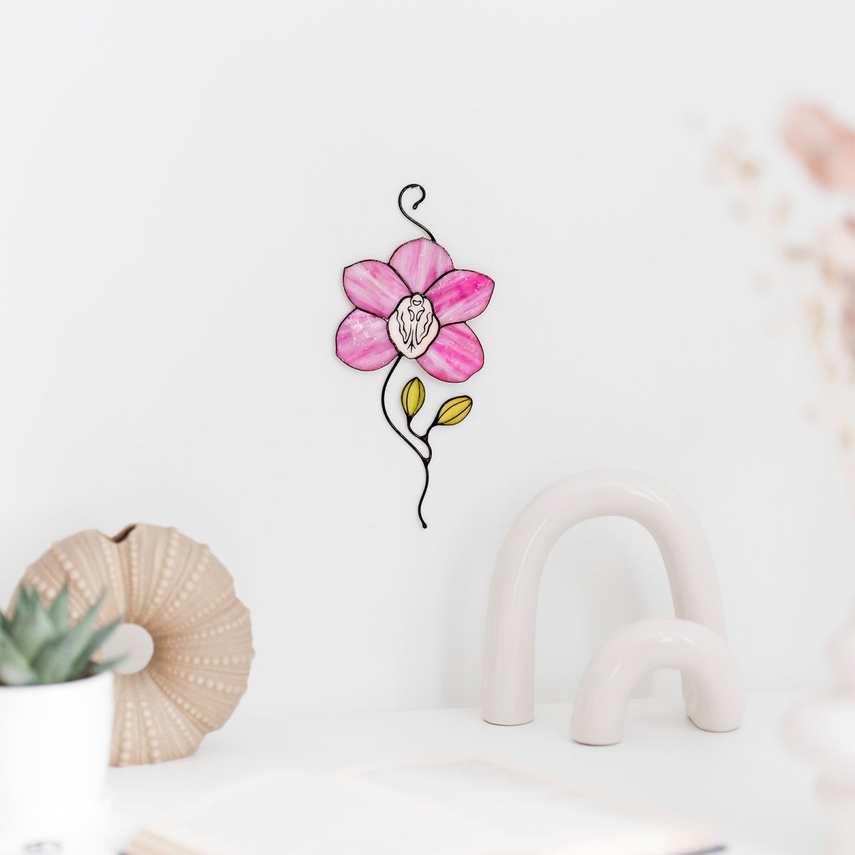 suncatcher Flowers stained_glass Stained Glass Pink Orchid Suncatcher – Window Hanging Floral Decor, Handmade Orchid Gift