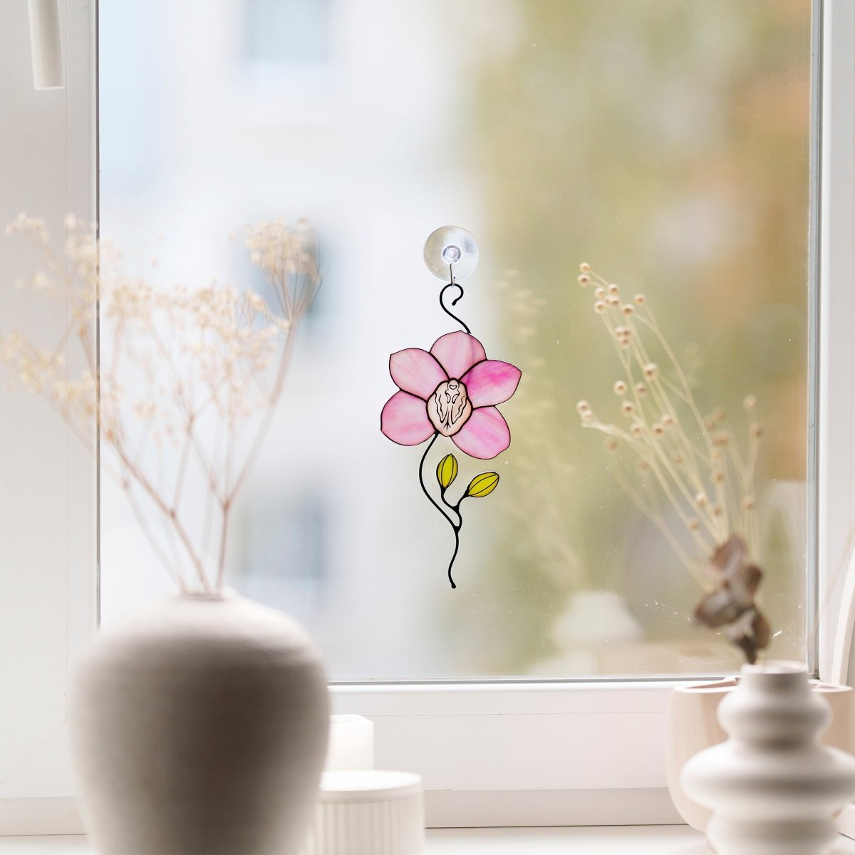 suncatcher Flowers stained_glass Stained Glass Pink Orchid Suncatcher – Window Hanging Floral Decor, Handmade Orchid Gift