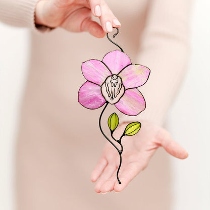 suncatcher Flowers stained_glass Stained Glass Pink Orchid Suncatcher – Window Hanging Floral Decor, Handmade Orchid Gift