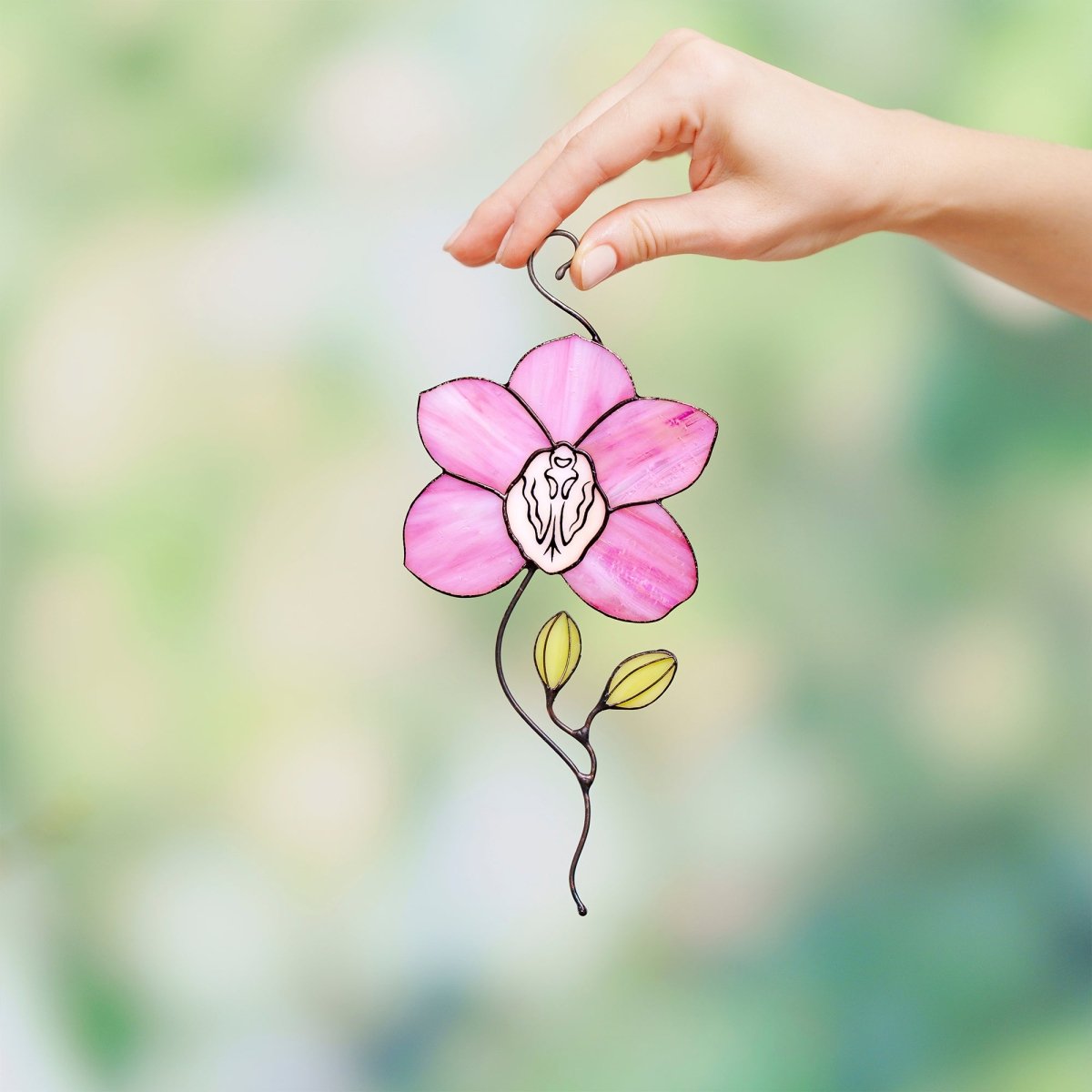 suncatcher Flowers stained_glass Stained Glass Pink Orchid Suncatcher – Window Hanging Floral Decor, Handmade Orchid Gift