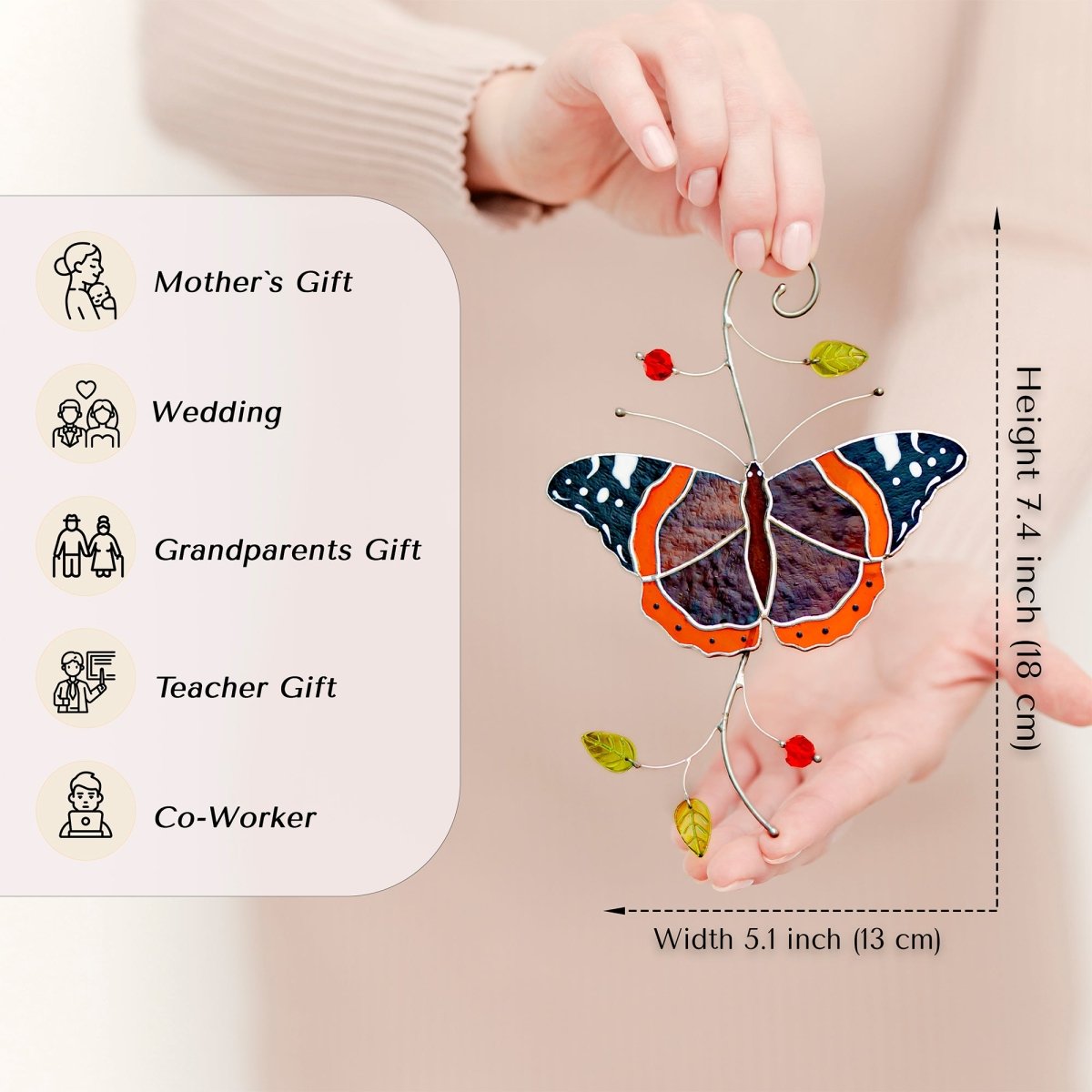 suncatcher Insect stained_glass Stained Glass Red Admiral Butterfly Suncatcher – Window Hanging Decor, Handmade Butterfly Gift