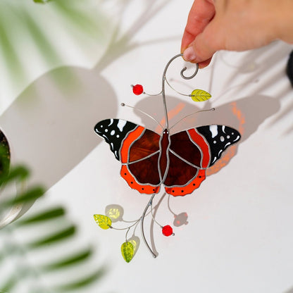 suncatcher Insect stained_glass Stained Glass Red Admiral Butterfly Suncatcher – Window Hanging Decor, Handmade Butterfly Gift