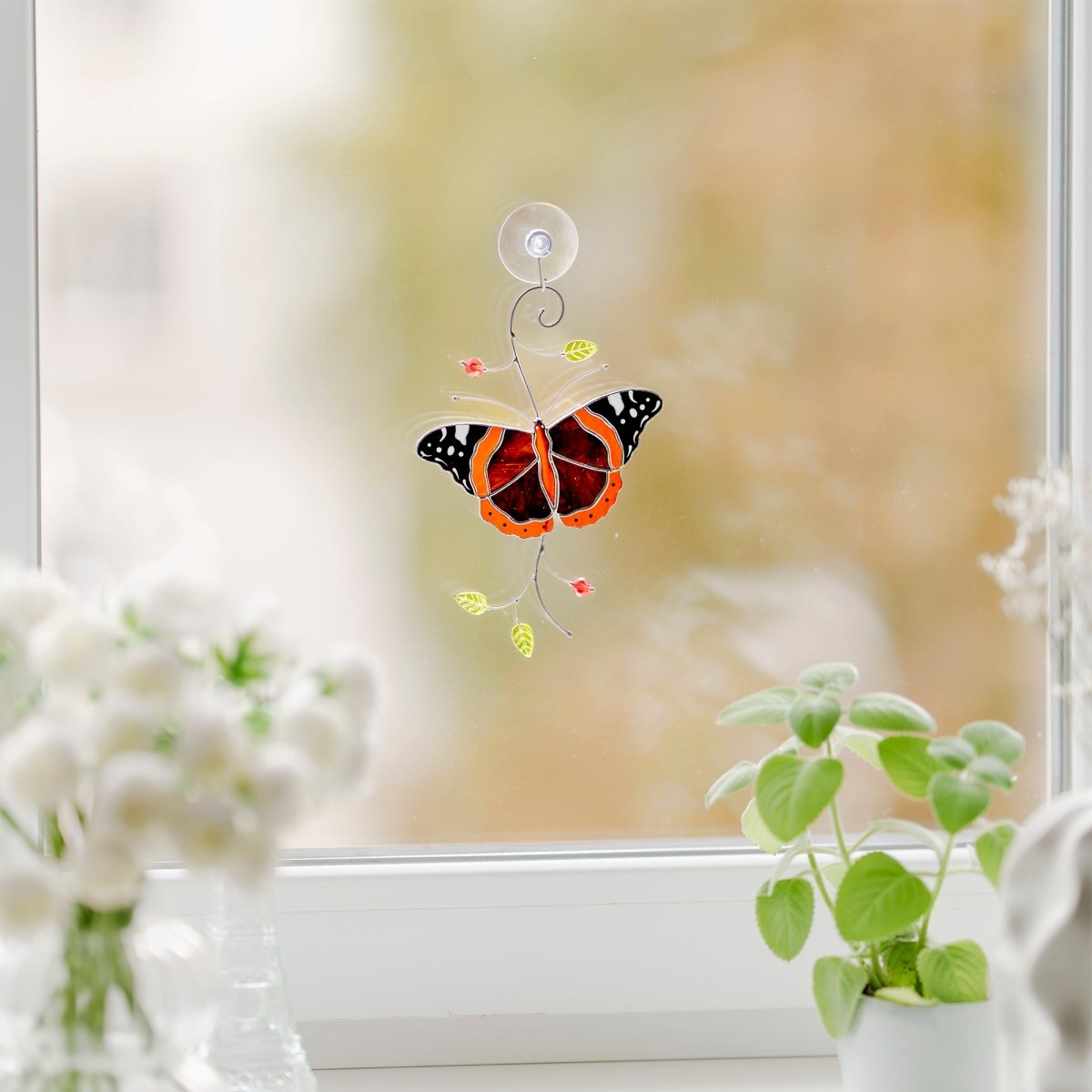 suncatcher Insect stained_glass Stained Glass Red Admiral Butterfly Suncatcher – Window Hanging Decor, Handmade Butterfly Gift