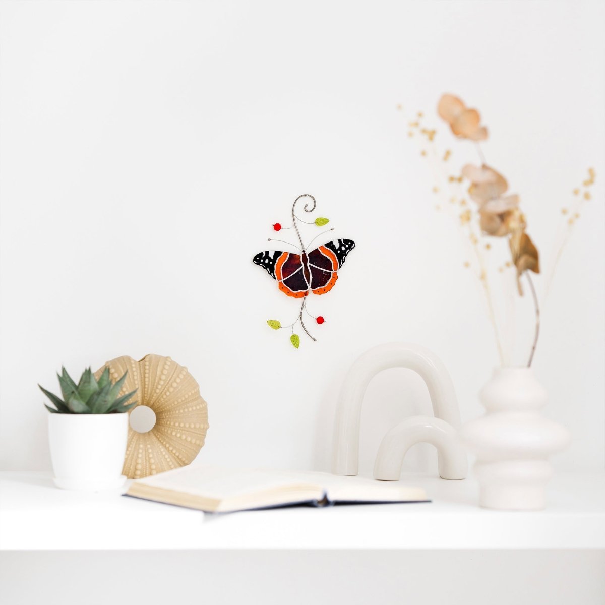 suncatcher Insect stained_glass Stained Glass Red Admiral Butterfly Suncatcher – Window Hanging Decor, Handmade Butterfly Gift