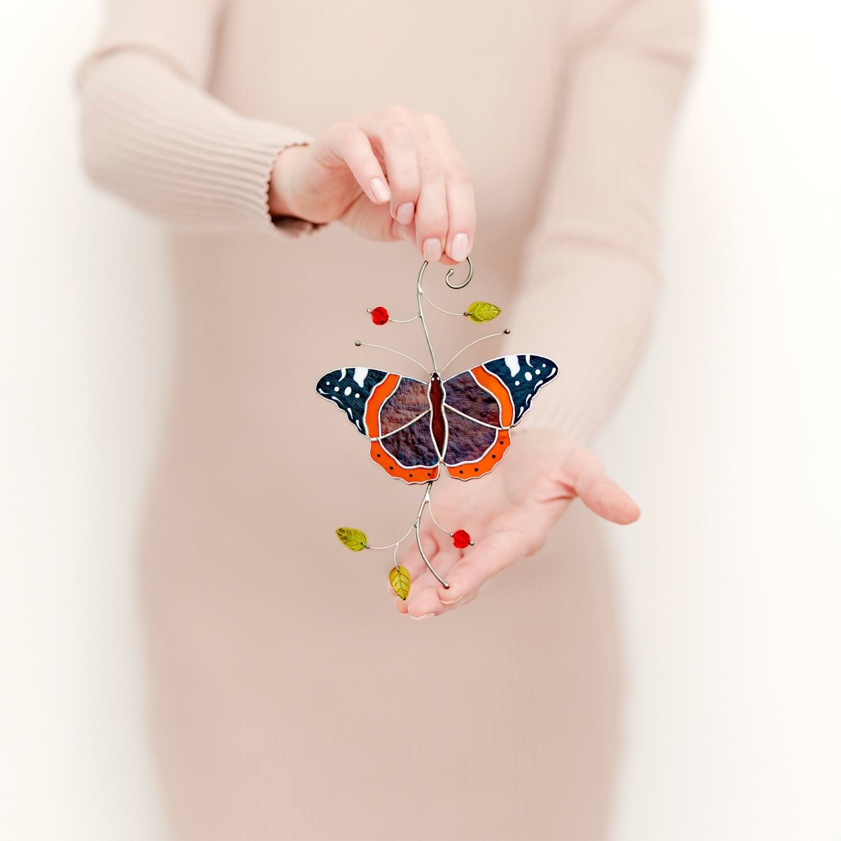 suncatcher Insect stained_glass Stained Glass Red Admiral Butterfly Suncatcher – Window Hanging Decor, Handmade Butterfly Gift