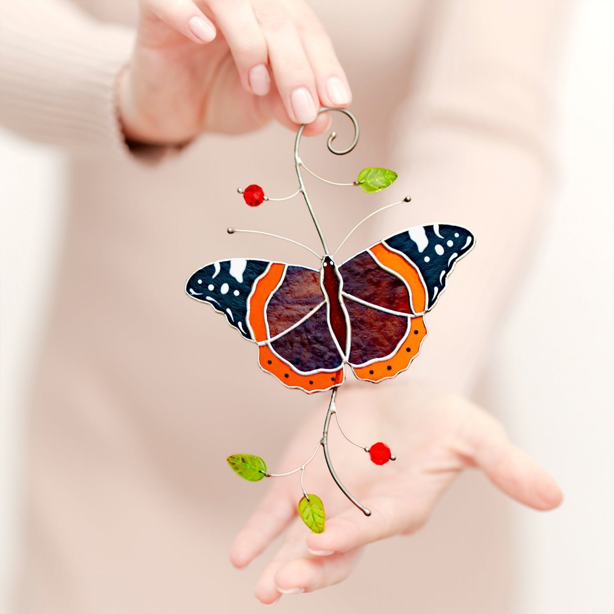 suncatcher Insect stained_glass Stained Glass Red Admiral Butterfly Suncatcher – Window Hanging Decor, Handmade Butterfly Gift