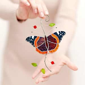 suncatcher Insect stained_glass Stained Glass Red Admiral Butterfly Suncatcher – Window Hanging Decor, Handmade Butterfly Gift