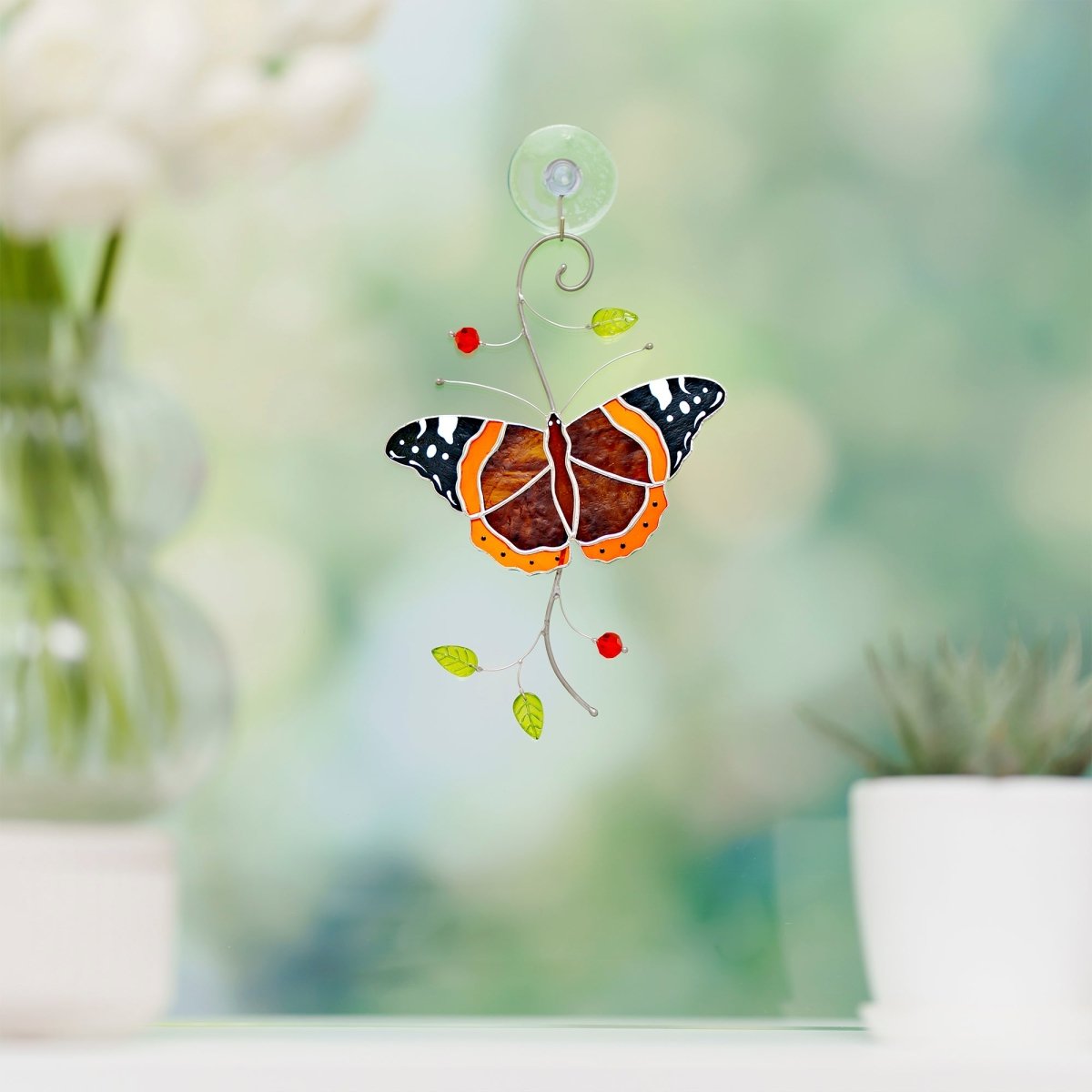 suncatcher Insect stained_glass Stained Glass Red Admiral Butterfly Suncatcher – Window Hanging Decor, Handmade Butterfly Gift