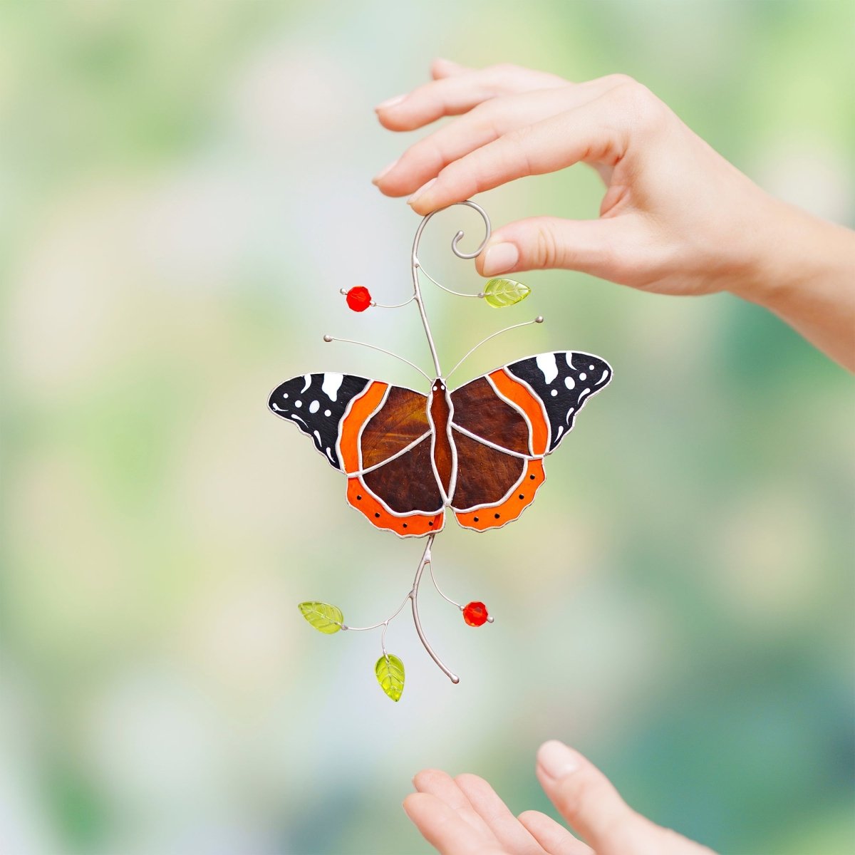 suncatcher Insect stained_glass Stained Glass Red Admiral Butterfly Suncatcher – Window Hanging Decor, Handmade Butterfly Gift