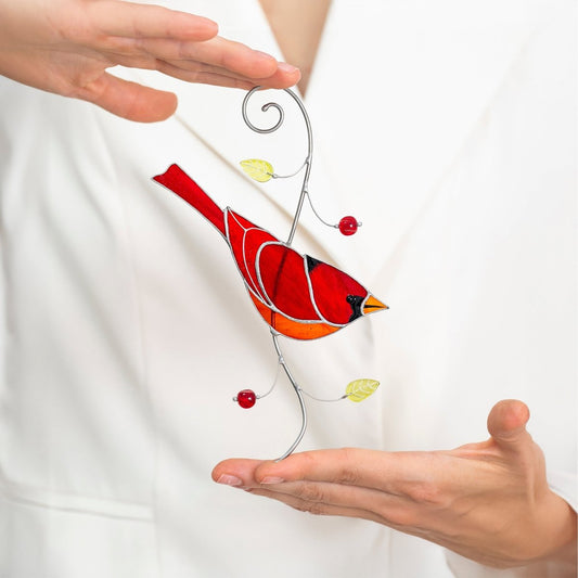 suncatcher Top product stained_glass Stained Glass Red Cardinal - Suncatcher Hanging Decor 7.5x4.4 inch