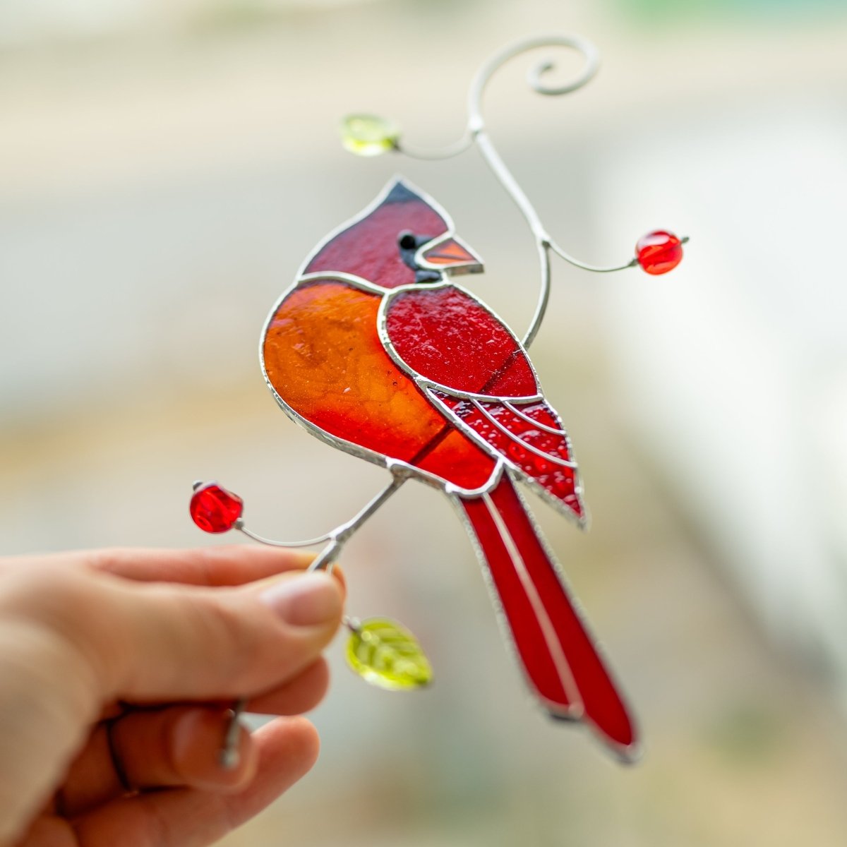 suncatcher Bird stained_glass Stained Glass Red Cardinal - Suncatcher Hanging Decor 7.5x4.4 inch