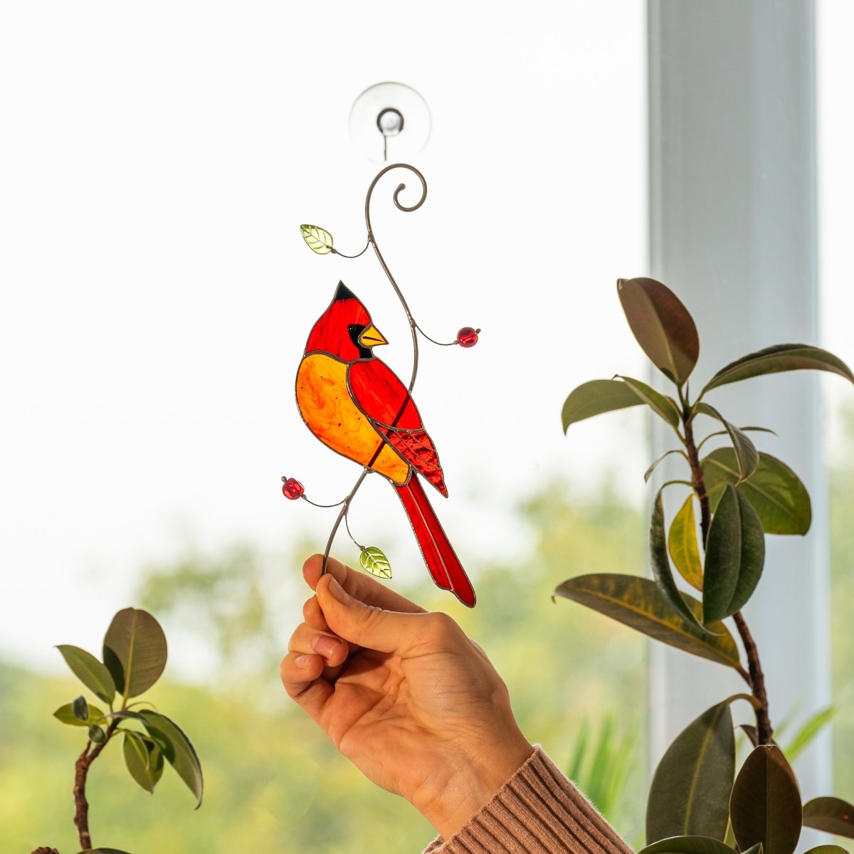 suncatcher Bird stained_glass Stained Glass Red Cardinal - Suncatcher Hanging Decor 7.5x4.4 inch