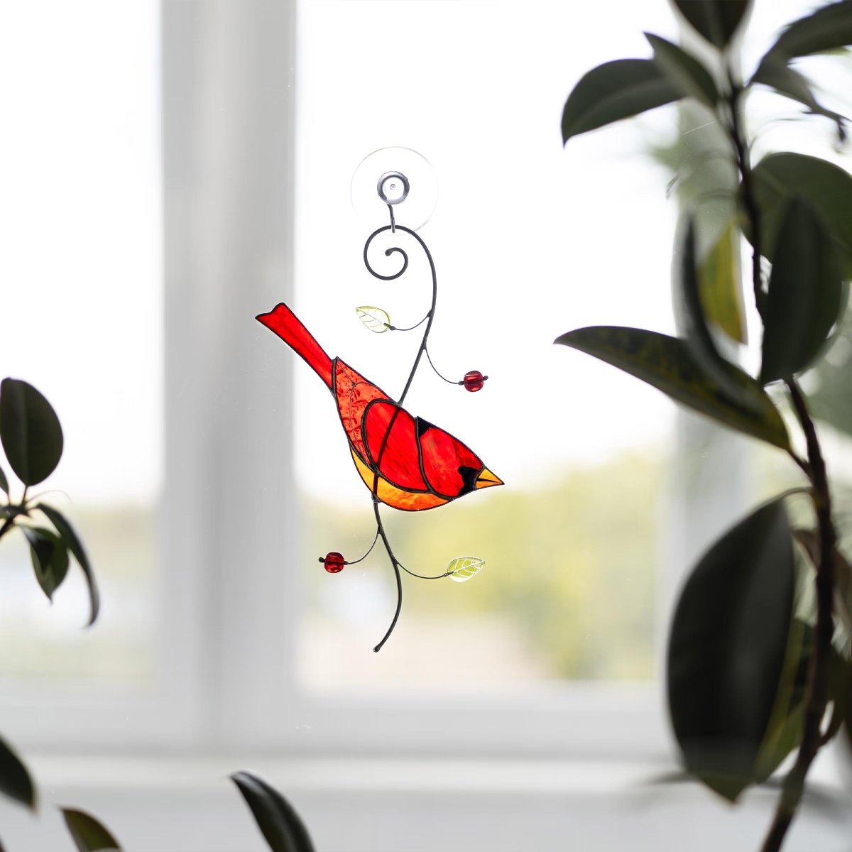 suncatcher Top product stained_glass Stained Glass Red Cardinal - Suncatcher Hanging Decor 7.5x4.4 inch