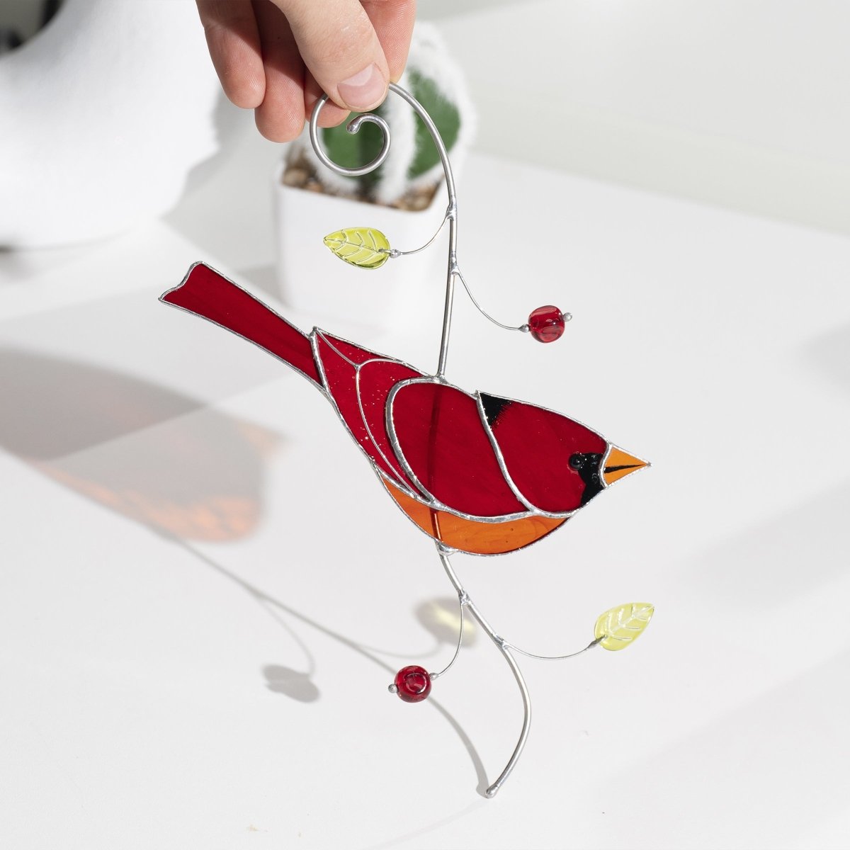 suncatcher Top product stained_glass Stained Glass Red Cardinal - Suncatcher Hanging Decor 7.5x4.4 inch