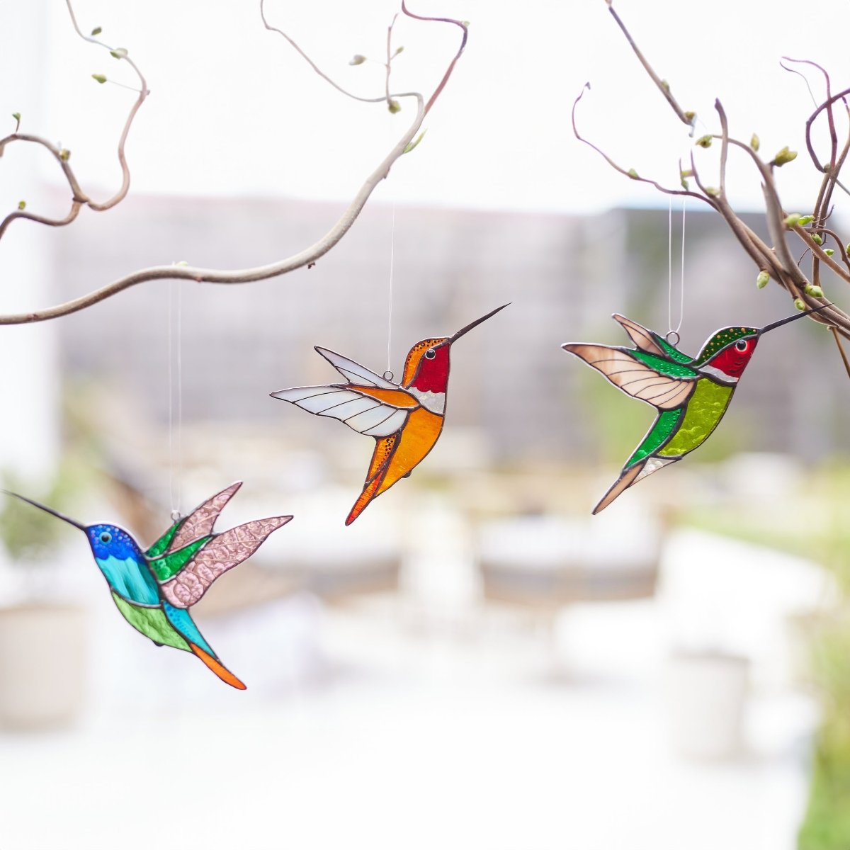 suncatcher stained_glass Stained glass Set of 3 Hummingbirds - Bird Lover Gift