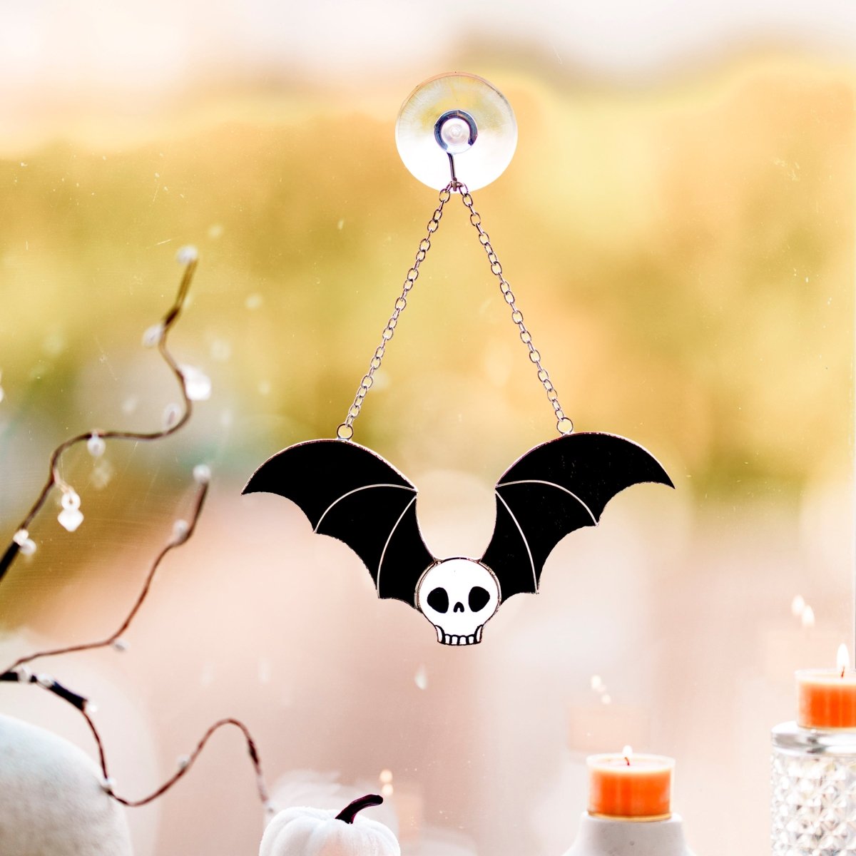 suncatcher Halloween stained_glass Stained Glass Skull Suncatcher with Bat Wings, Gothic Home Decor, Macabre Art