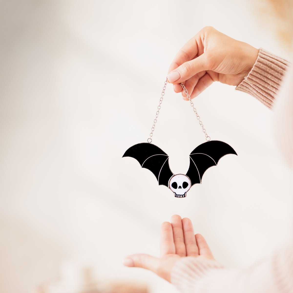 suncatcher Halloween stained_glass Stained Glass Skull Suncatcher with Bat Wings, Gothic Home Decor, Macabre Art