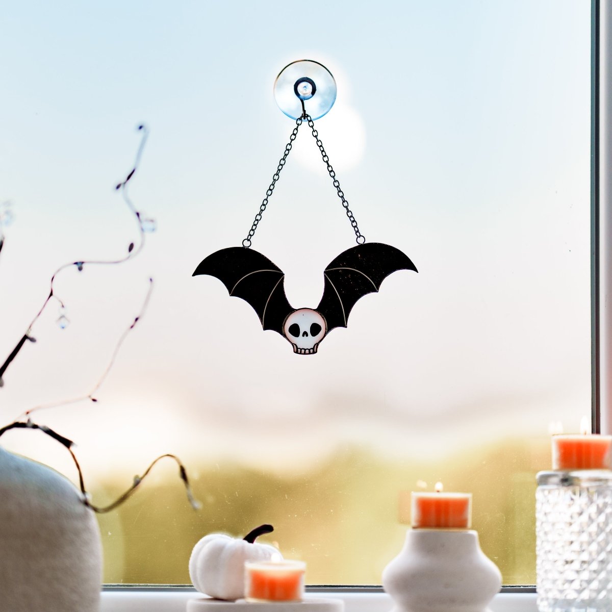 suncatcher Halloween stained_glass Stained Glass Skull Suncatcher with Bat Wings, Gothic Home Decor, Macabre Art