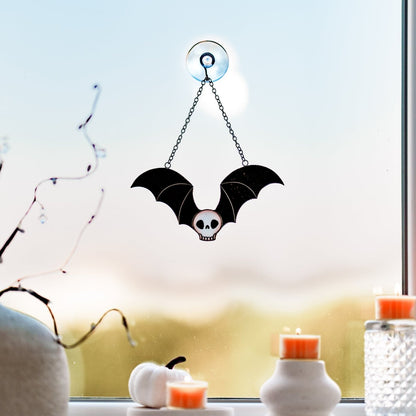 suncatcher Halloween stained_glass Stained Glass Skull Suncatcher with Bat Wings, Gothic Home Decor, Macabre Art