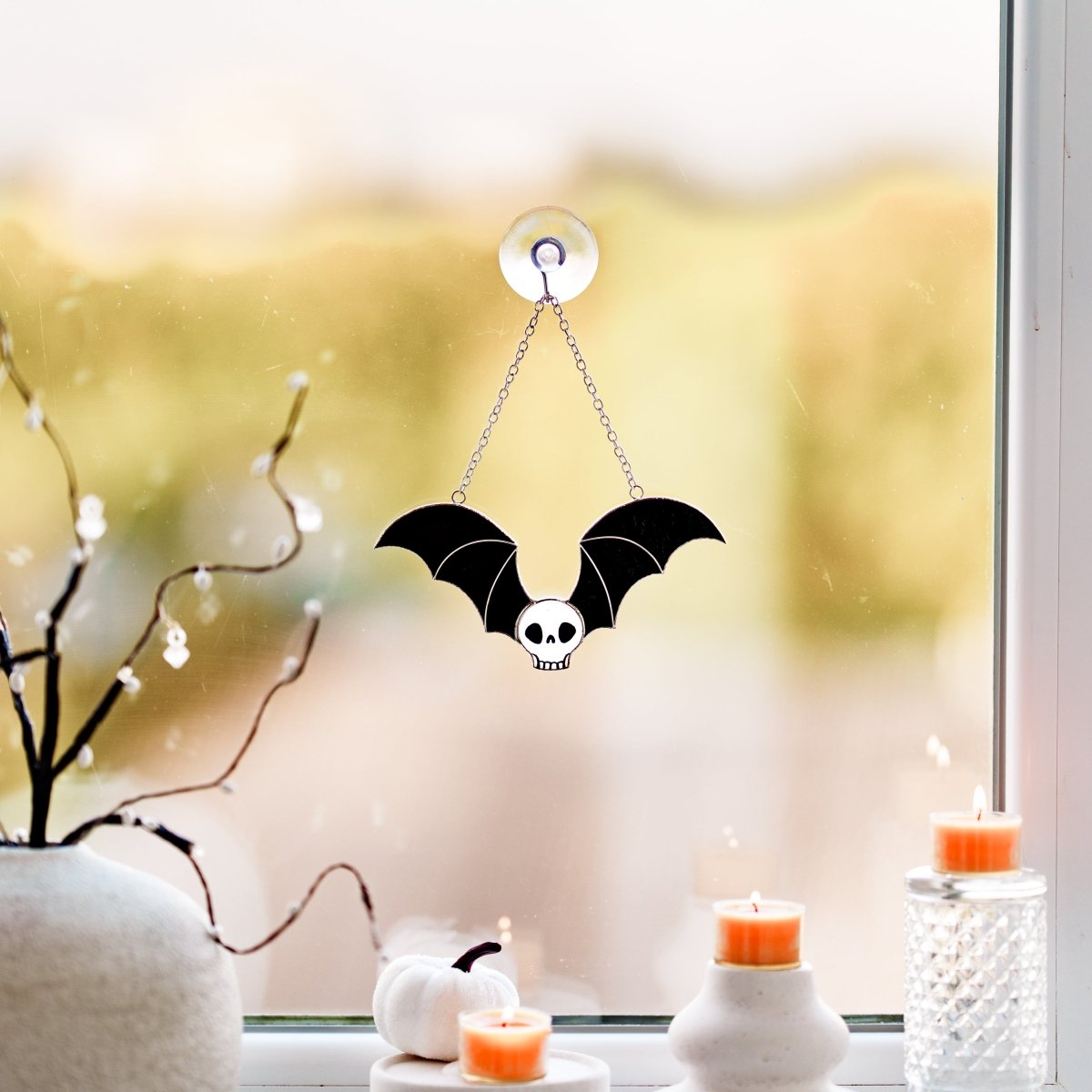 suncatcher Halloween stained_glass Stained Glass Skull Suncatcher with Bat Wings, Gothic Home Decor, Macabre Art