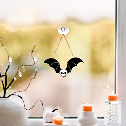 suncatcher Halloween stained_glass Stained Glass Skull Suncatcher with Bat Wings, Gothic Home Decor, Macabre Art
