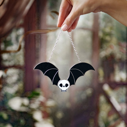 suncatcher Halloween stained_glass Stained Glass Skull Suncatcher with Bat Wings, Gothic Home Decor, Macabre Art