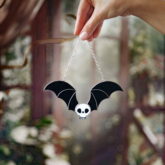 suncatcher Halloween stained_glass Stained Glass Skull Suncatcher with Bat Wings, Gothic Home Decor, Macabre Art
