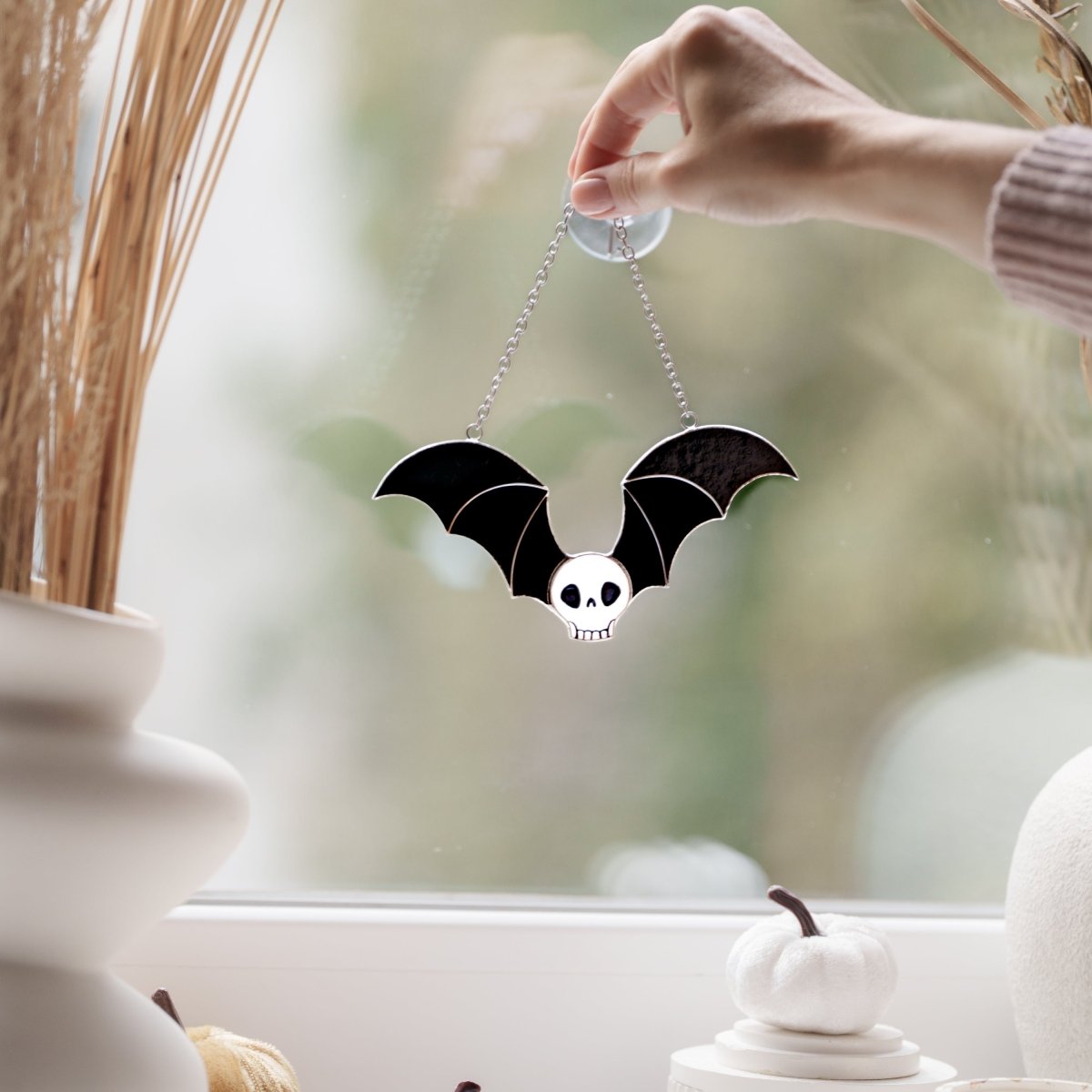 suncatcher Halloween stained_glass Stained Glass Skull Suncatcher with Bat Wings, Gothic Home Decor, Macabre Art