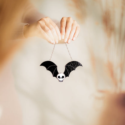 suncatcher Halloween stained_glass Stained Glass Skull Suncatcher with Bat Wings, Gothic Home Decor, Macabre Art