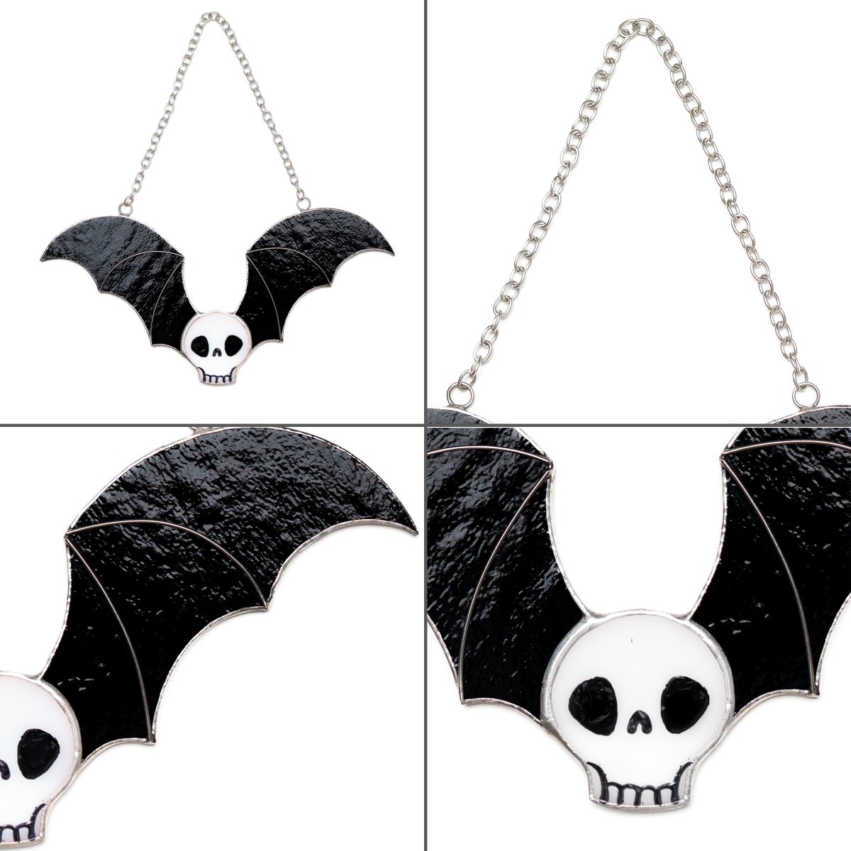 suncatcher Halloween stained_glass Stained Glass Skull Suncatcher with Bat Wings, Gothic Home Decor, Macabre Art
