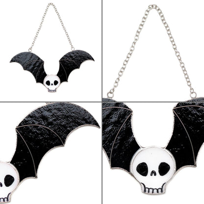 suncatcher Halloween stained_glass Stained Glass Skull Suncatcher with Bat Wings, Gothic Home Decor, Macabre Art
