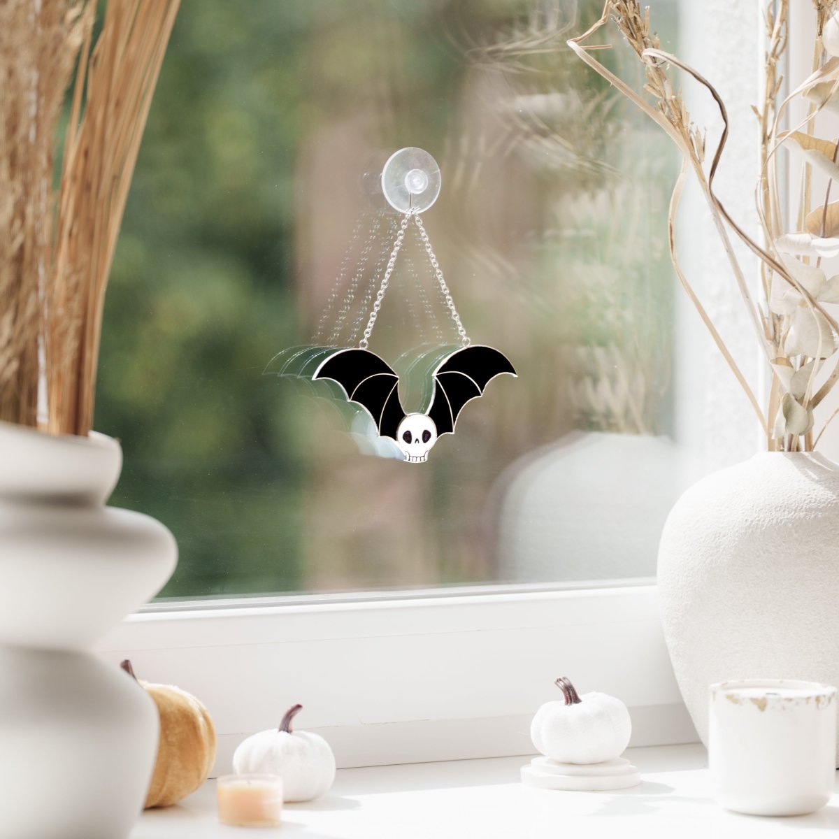 suncatcher Halloween stained_glass Stained Glass Skull Suncatcher with Bat Wings, Gothic Home Decor, Macabre Art