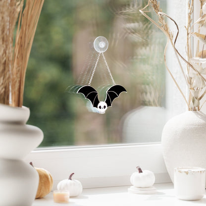 suncatcher Halloween stained_glass Stained Glass Skull Suncatcher with Bat Wings, Gothic Home Decor, Macabre Art