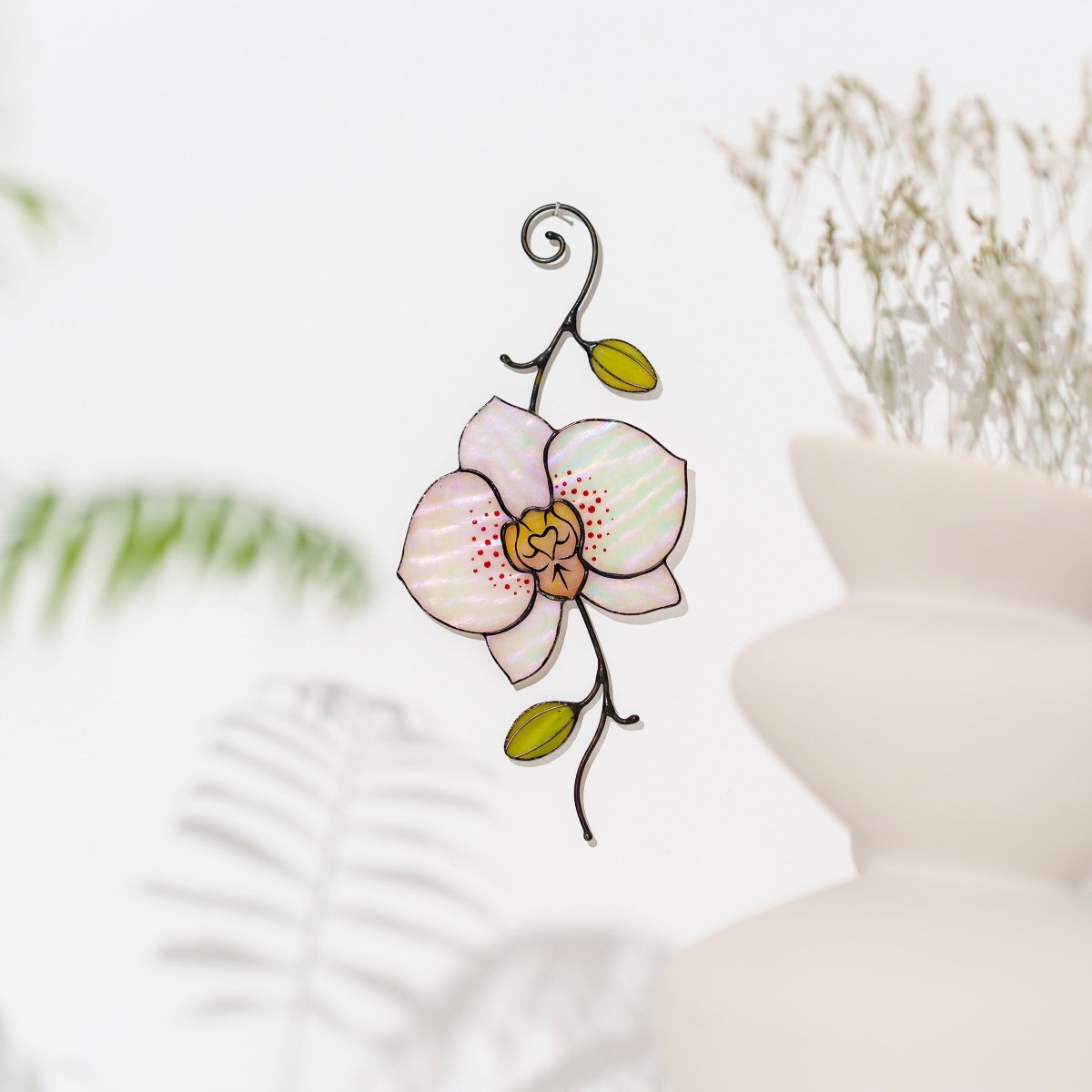 suncatcher Flowers stained_glass Stained Glass White Orchid Suncatcher – Window Hanging Floral Decor, Handmade Orchid Gift