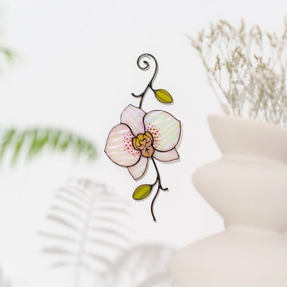 suncatcher Flowers stained_glass Stained Glass White Orchid Suncatcher – Window Hanging Floral Decor, Handmade Orchid Gift