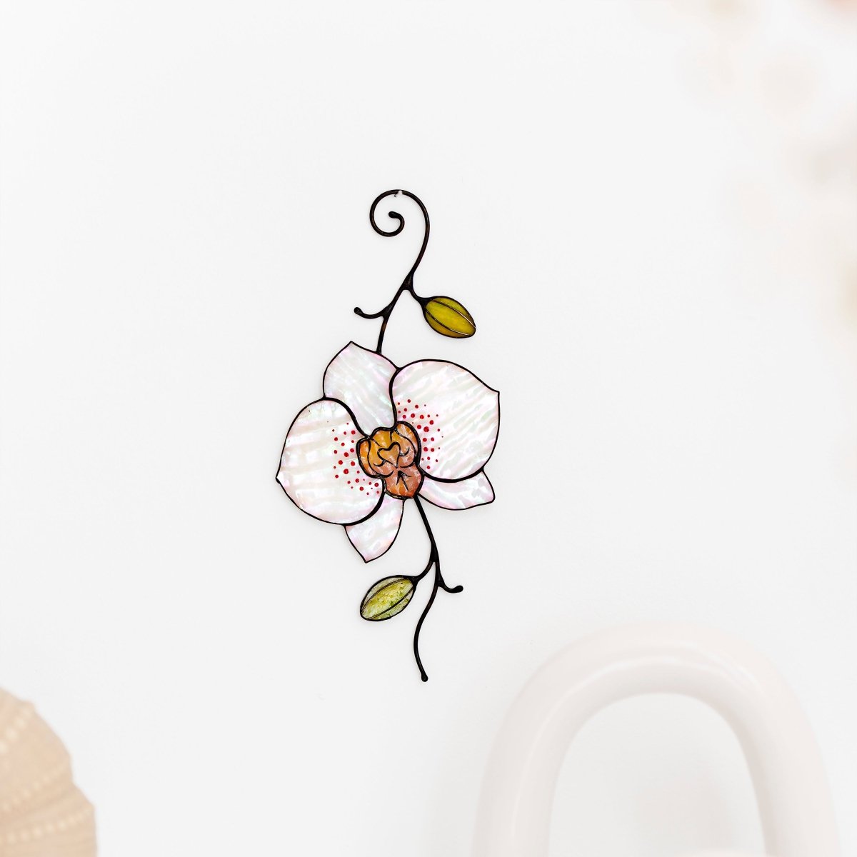 suncatcher Flowers stained_glass Stained Glass White Orchid Suncatcher – Window Hanging Floral Decor, Handmade Orchid Gift