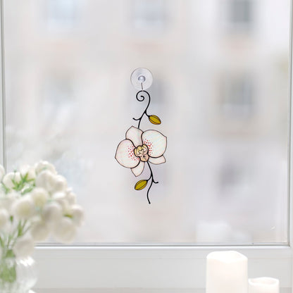 suncatcher Flowers stained_glass Stained Glass White Orchid Suncatcher – Window Hanging Floral Decor, Handmade Orchid Gift