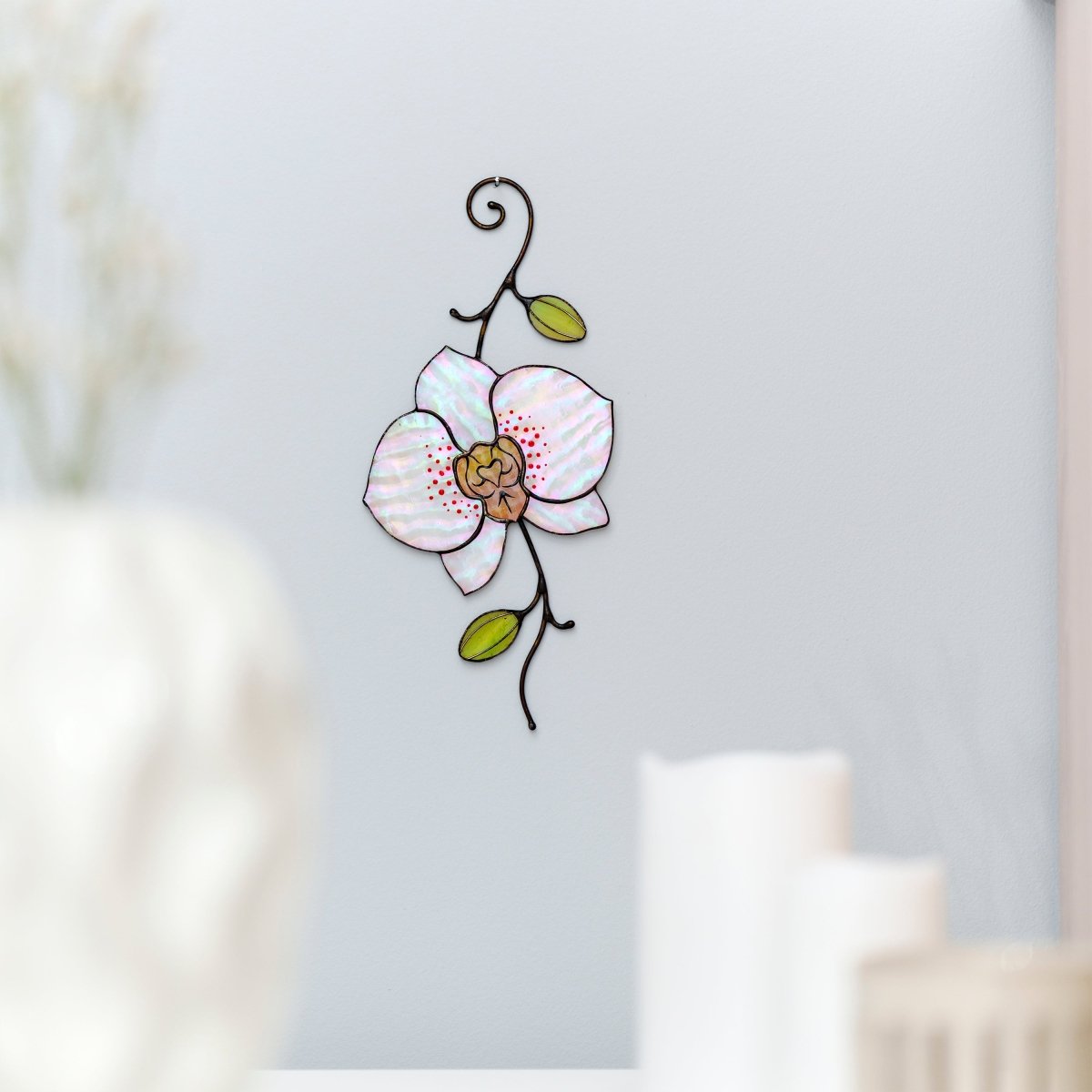 suncatcher Flowers stained_glass Stained Glass White Orchid Suncatcher – Window Hanging Floral Decor, Handmade Orchid Gift