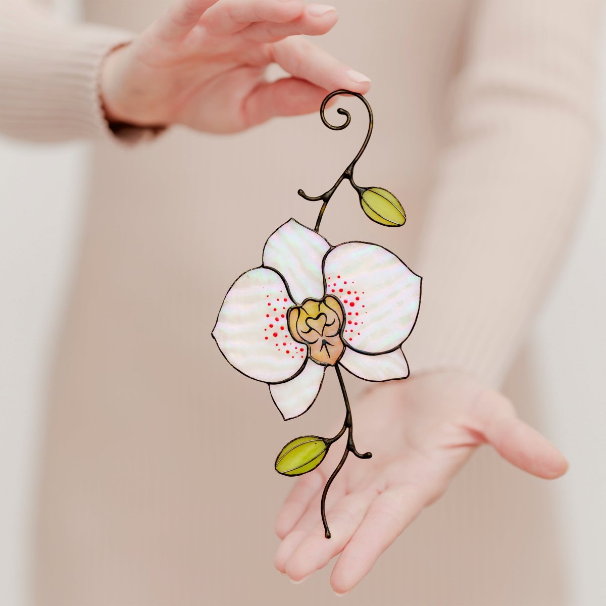 suncatcher Flowers stained_glass Stained Glass White Orchid Suncatcher – Window Hanging Floral Decor, Handmade Orchid Gift