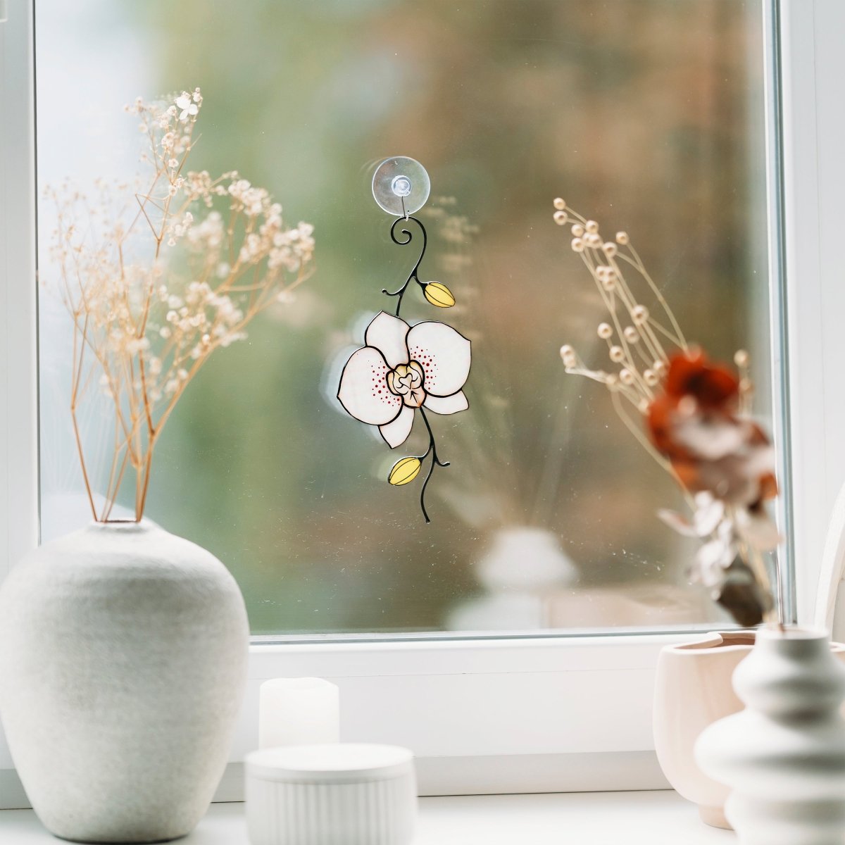 suncatcher Flowers stained_glass Stained Glass White Orchid Suncatcher – Window Hanging Floral Decor, Handmade Orchid Gift