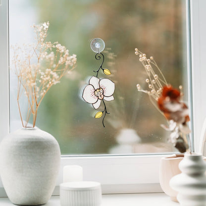suncatcher Flowers stained_glass Stained Glass White Orchid Suncatcher – Window Hanging Floral Decor, Handmade Orchid Gift