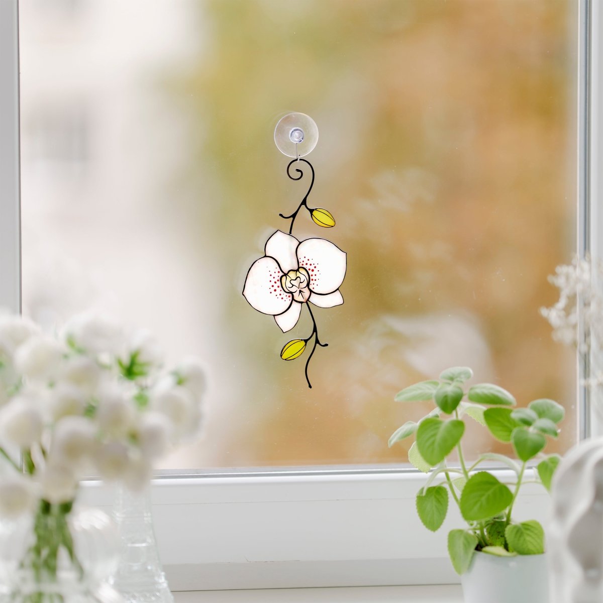 suncatcher Flowers stained_glass Stained Glass White Orchid Suncatcher – Window Hanging Floral Decor, Handmade Orchid Gift