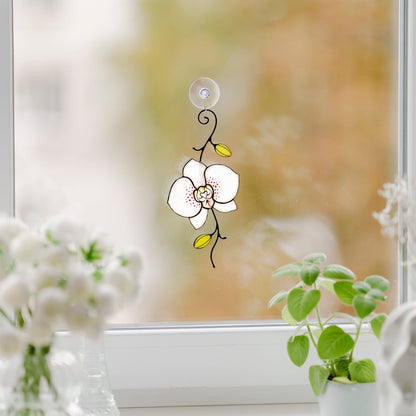 suncatcher Flowers stained_glass Stained Glass White Orchid Suncatcher – Window Hanging Floral Decor, Handmade Orchid Gift