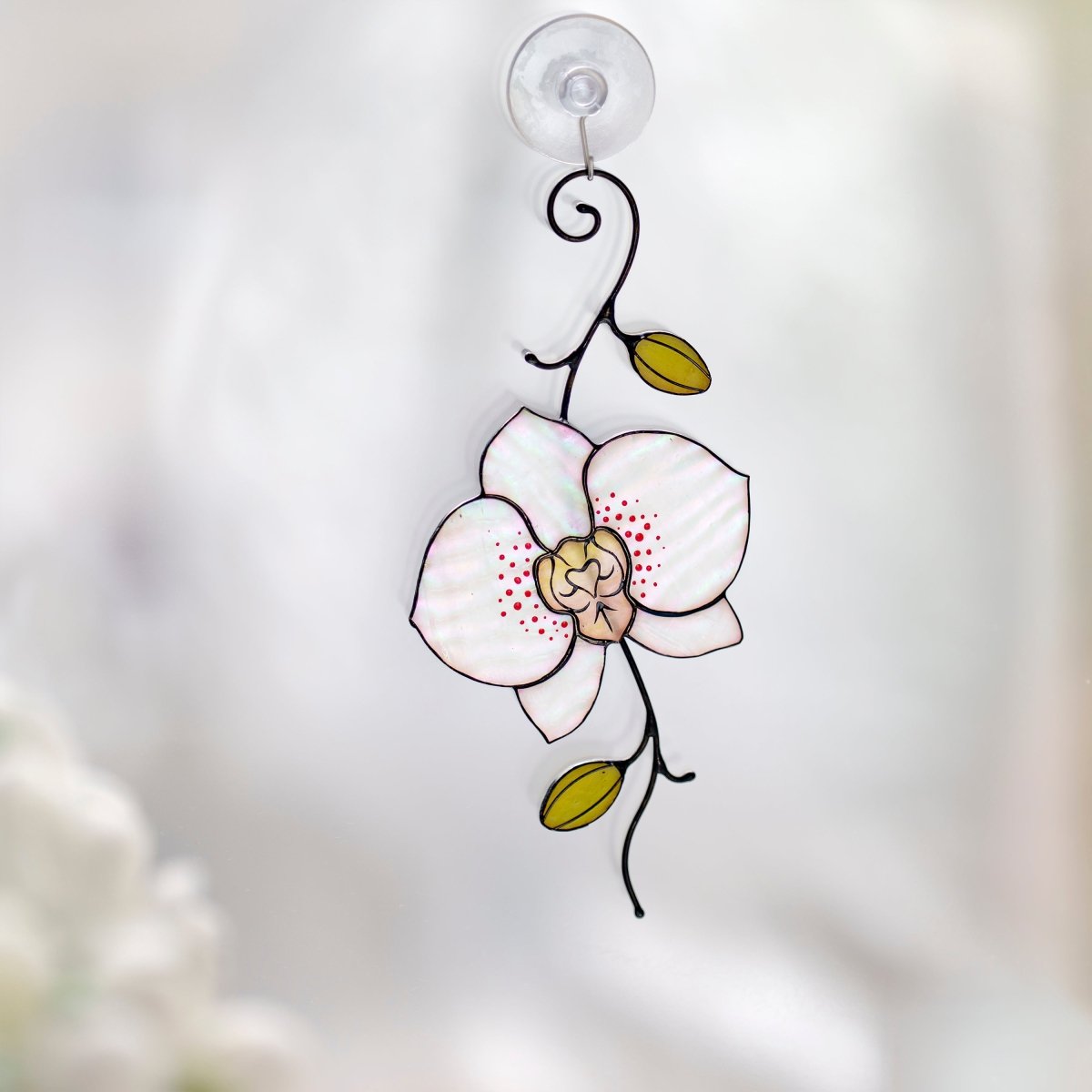 suncatcher Flowers stained_glass Stained Glass White Orchid Suncatcher – Window Hanging Floral Decor, Handmade Orchid Gift