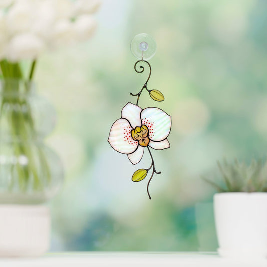 suncatcher Flowers stained_glass Stained Glass White Orchid Suncatcher – Window Hanging Floral Decor, Handmade Orchid Gift