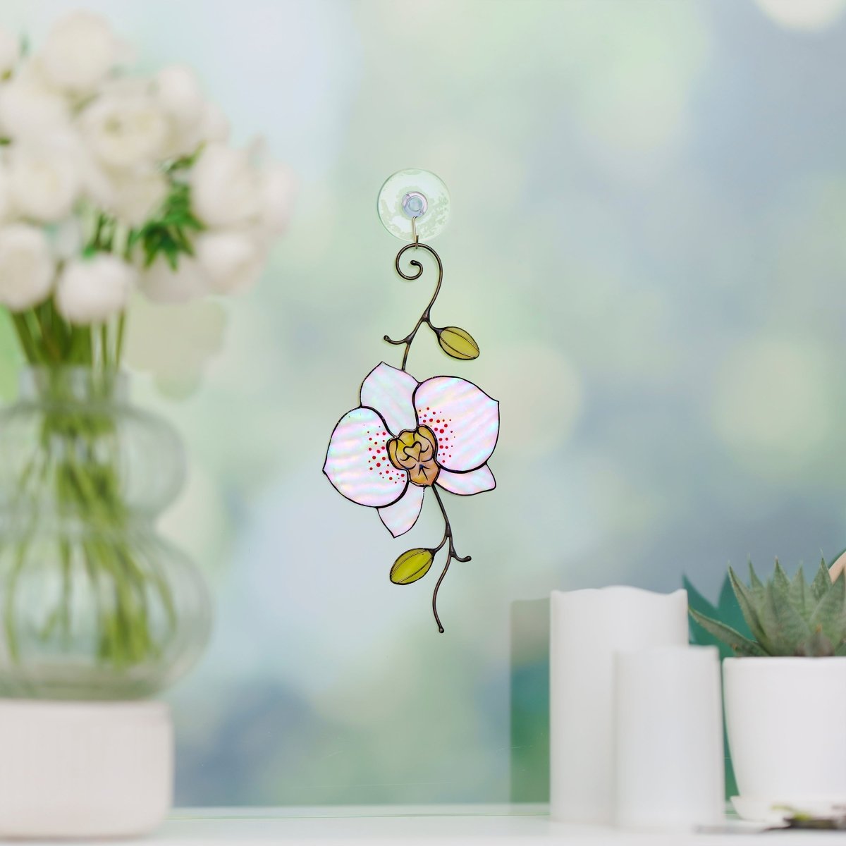 suncatcher Flowers stained_glass Stained Glass White Orchid Suncatcher – Window Hanging Floral Decor, Handmade Orchid Gift