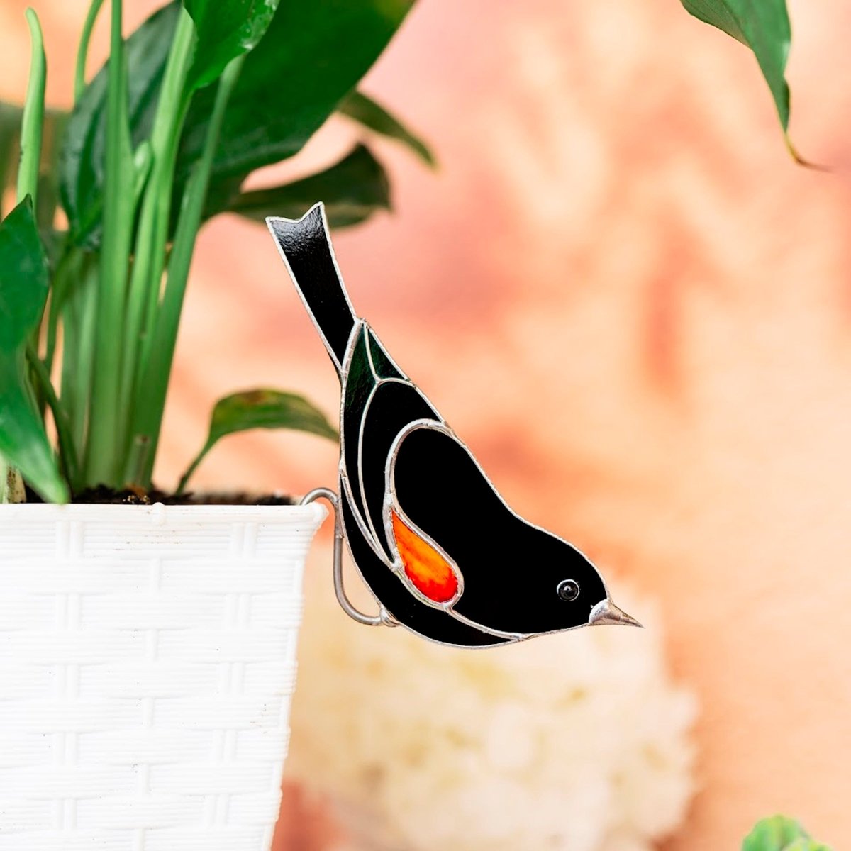 suncatcher Top product stained_glass Thrush Bird Stained Glass - Suncatcher Planter Decor 4.72x3 inch