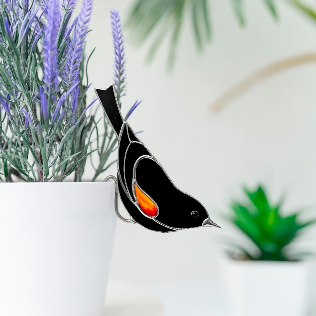 suncatcher Top product stained_glass Thrush Bird Stained Glass - Suncatcher Planter Decor 4.72x3 inch