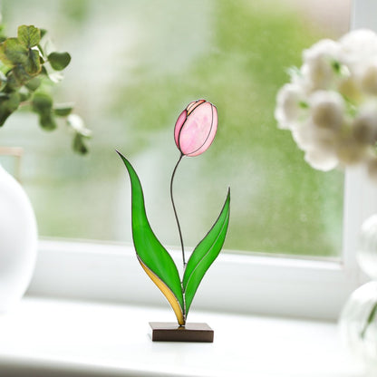 suncatcher stained_glass Tulip Stained Glass Table Decor – Handmade Floral Sculpture for Home