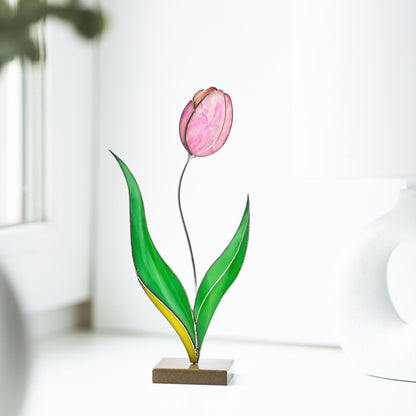 suncatcher stained_glass Tulip Stained Glass Table Decor – Handmade Floral Sculpture for Home